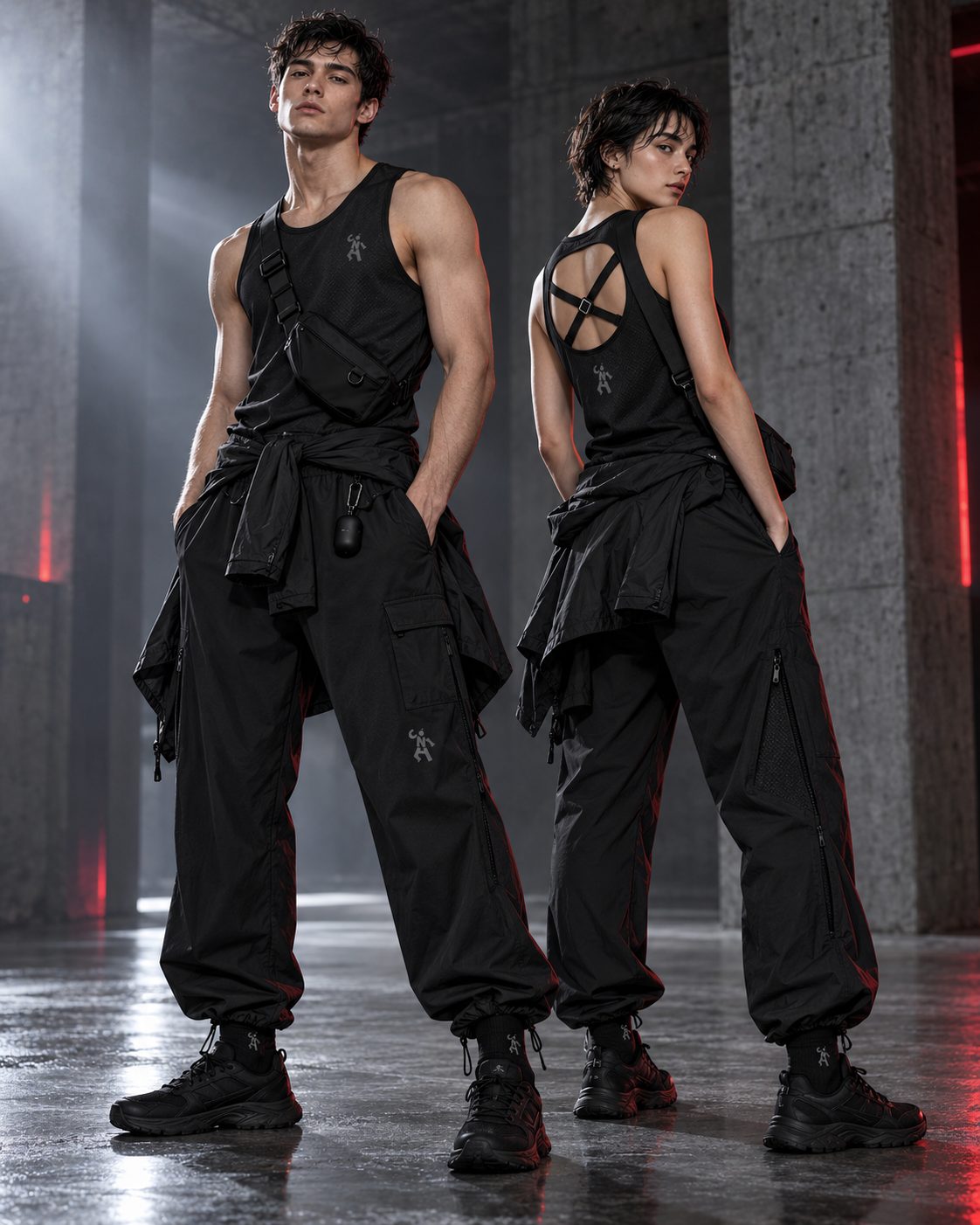 Two people in the full NICH look: black mesh tank, wide technical trousers, shell jacket tied at the waist and a small sling bag