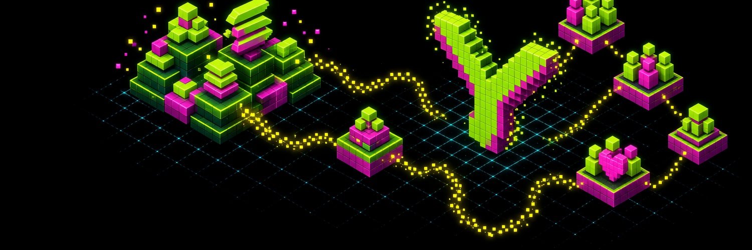 Header banner generated for @Y_DAO_com: a pixel-art letter Y in neon green and magenta on black