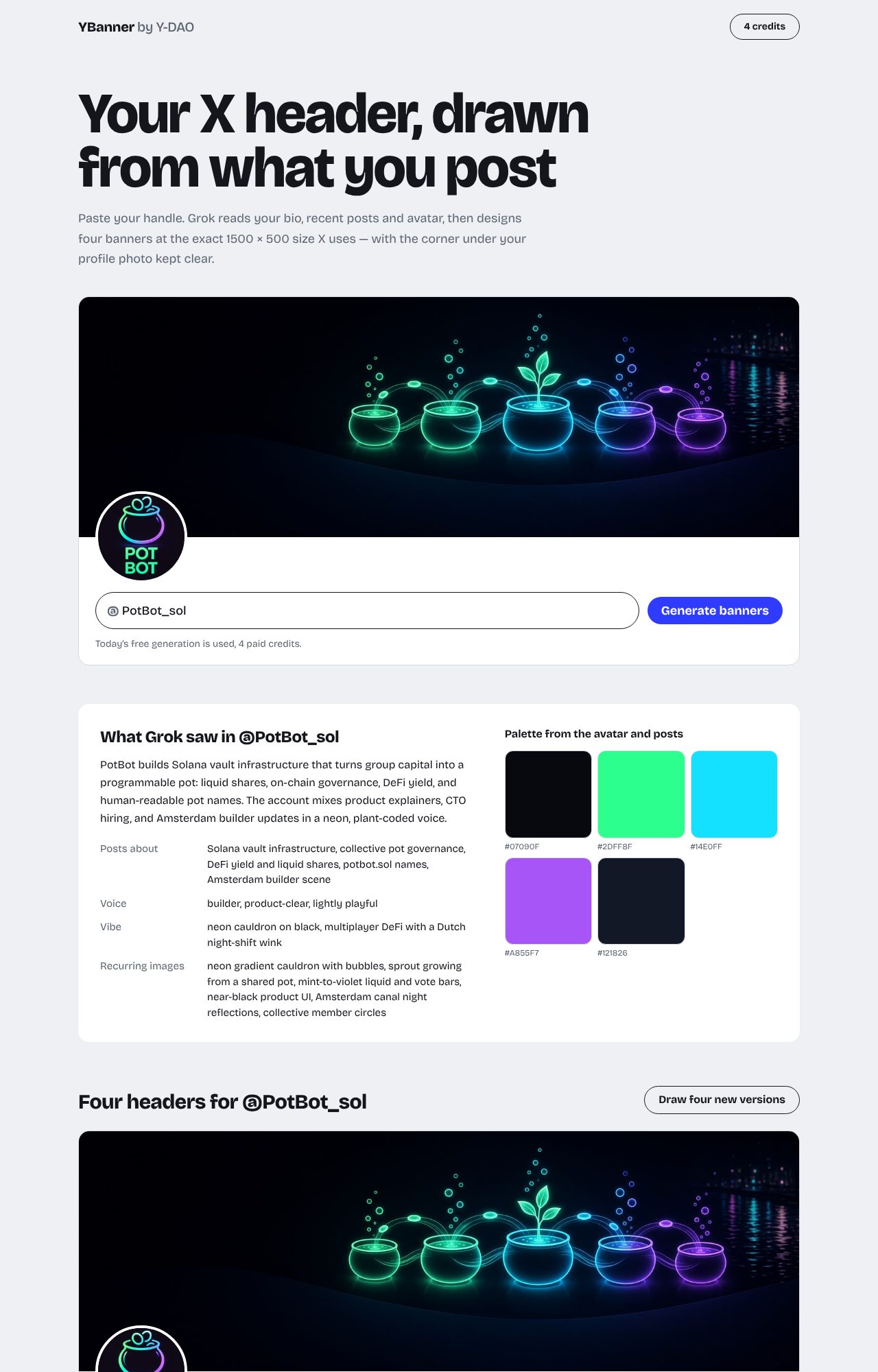 YBanner app showing the generated header on a profile preview, the AI analysis of the account and the four results
